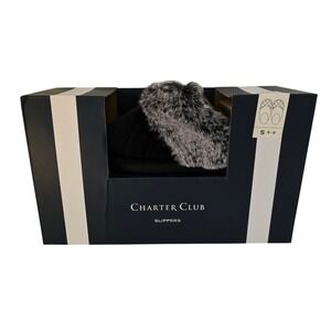 Charter Club Womens Black Quilted Faux Fur Trim Scuff Slippers 5-6 S